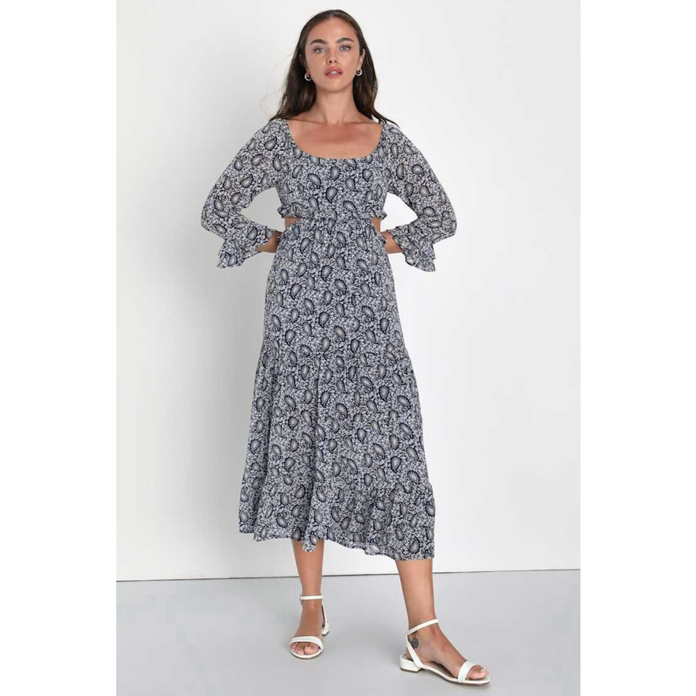 Lulus Women’s Blissful Sweetie Navy Blue Paisley Tiered Cutout Midi Dress S